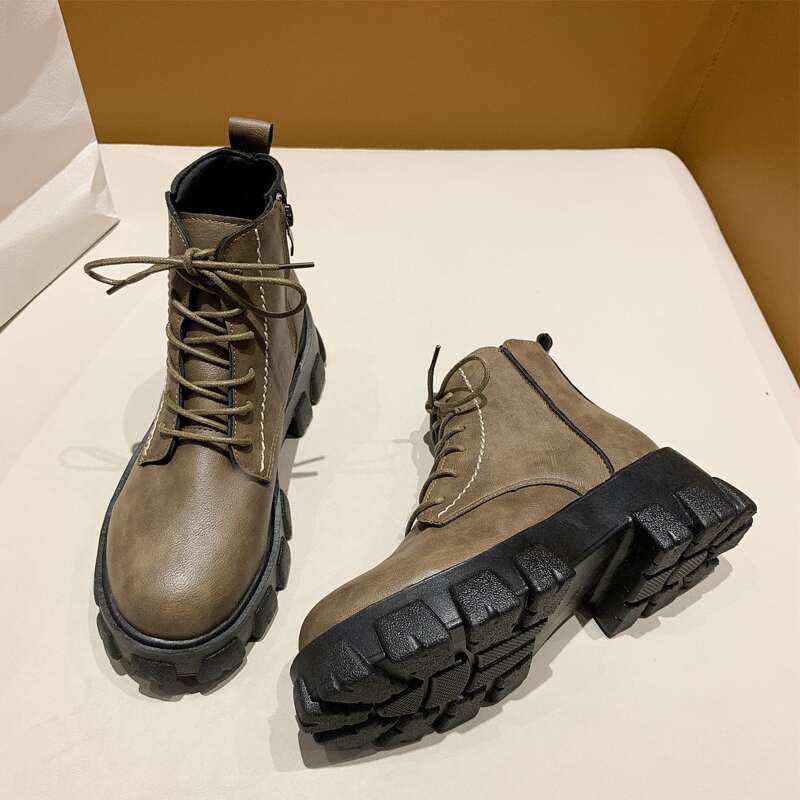 

Lace-up Lug Sole Ankle Boots, Khaki