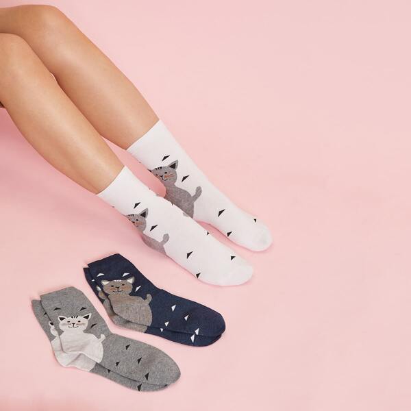 

3pairs Cat Pattern Socks, Multicolor