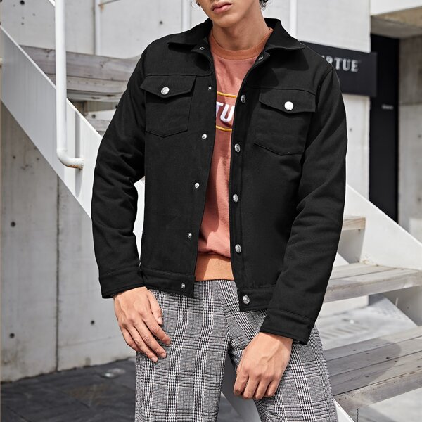 

Men Solid Button Front Jacket, Black