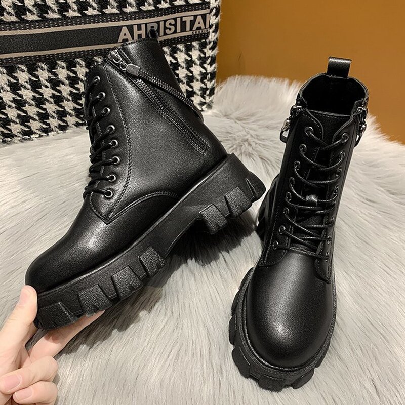 

Zip Side Lace-up Combat Boots, Black