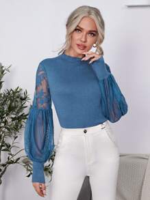 SHEIN Clasi Jersey ribete en forma de lechuga de manga farol - Neblina azul - Ver 1