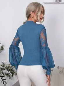 SHEIN Clasi Jersey ribete en forma de lechuga de manga farol - Neblina azul - Ver 2