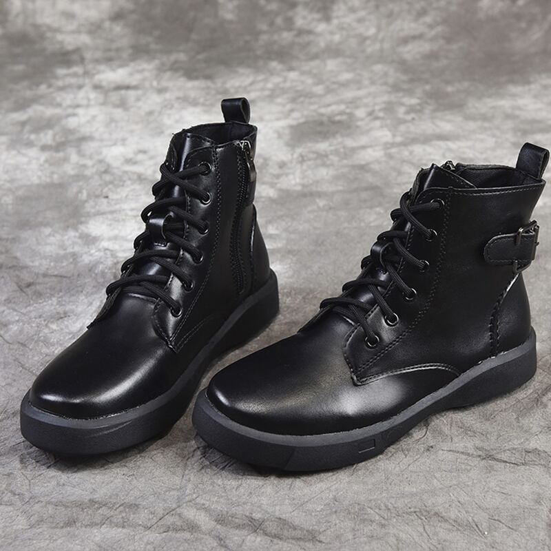 

Buckle Decor Lace-up Front Combat Boots, Black