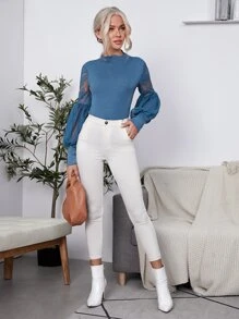 SHEIN Clasi Jersey ribete en forma de lechuga de manga farol - Neblina azul - Ver 4