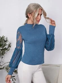 SHEIN Clasi Jersey ribete en forma de lechuga de manga farol - Neblina azul - Ver 5