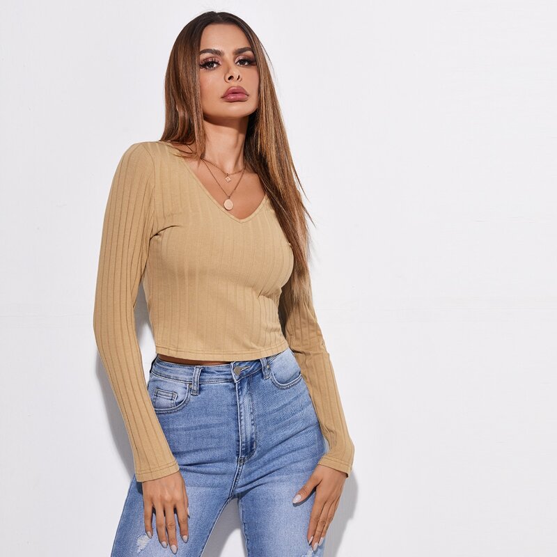 

V-Neck Rib-knit Top, Khaki