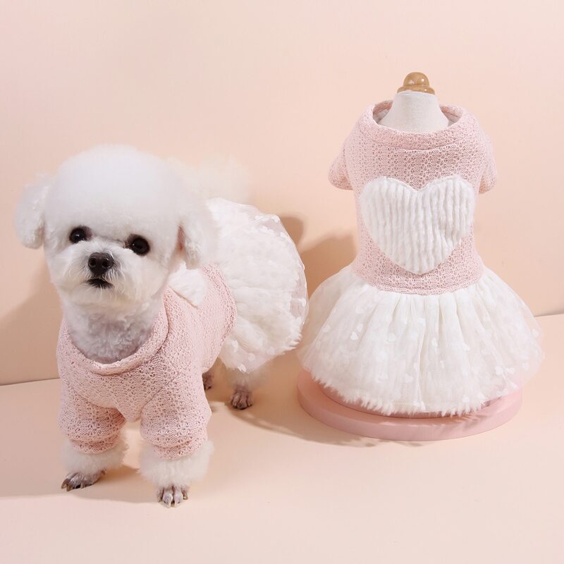 

Plush Heart Decor Contrast Mesh Dog Dress, Pink