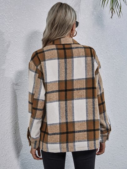Button Front Patch Pocket Plaid Overcoat
