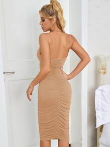 SHEIN Unity Solid Ruched Bodycon Dress - Khaki - View 2