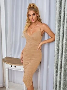 SHEIN Unity Solid Ruched Bodycon Dress - Khaki - View 1