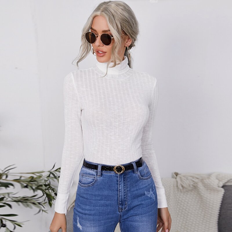 

High Neck Rib-knit Tee, White