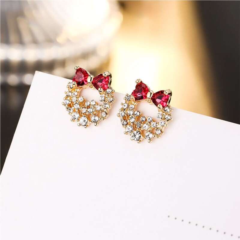 

Rhinestone Bow Stud Earrings, Red and white