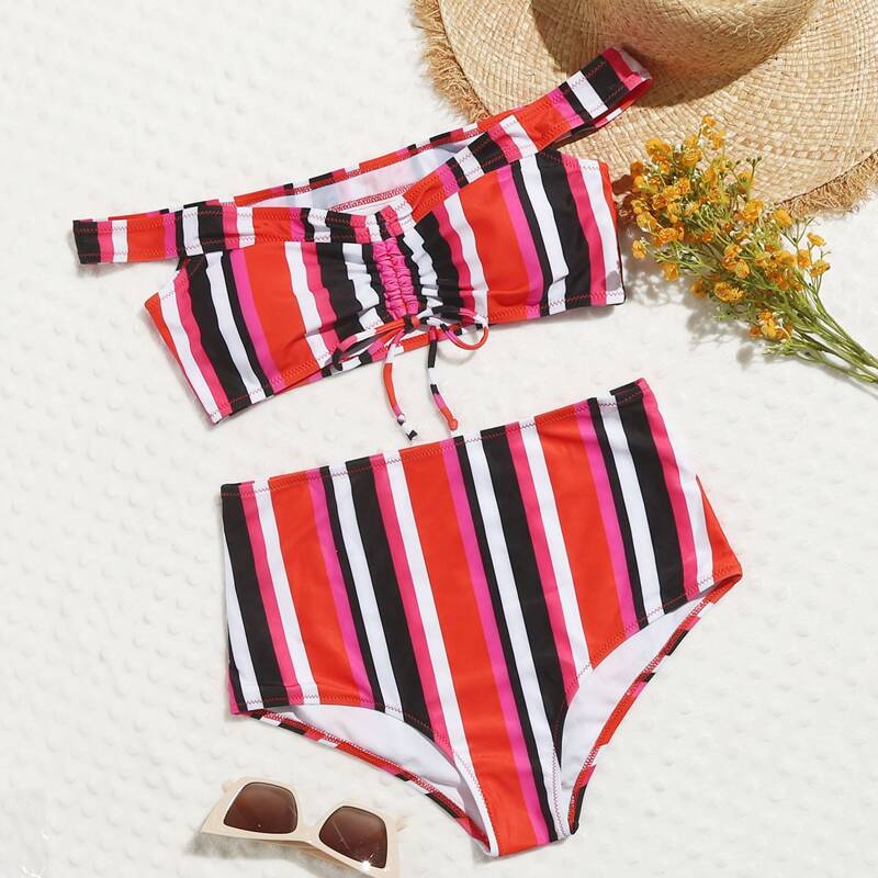 

Striped Ruched High Waist Bikini Swimsuit, Multicolor