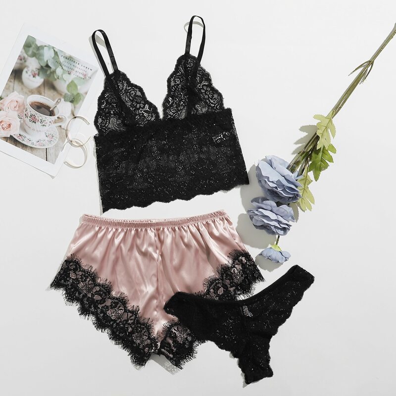 

3pack Lace Trim Lingerie Set, Multicolor