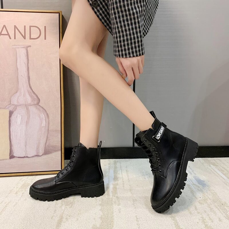 

Letter Graphic Lace-up Combat Boots, Black