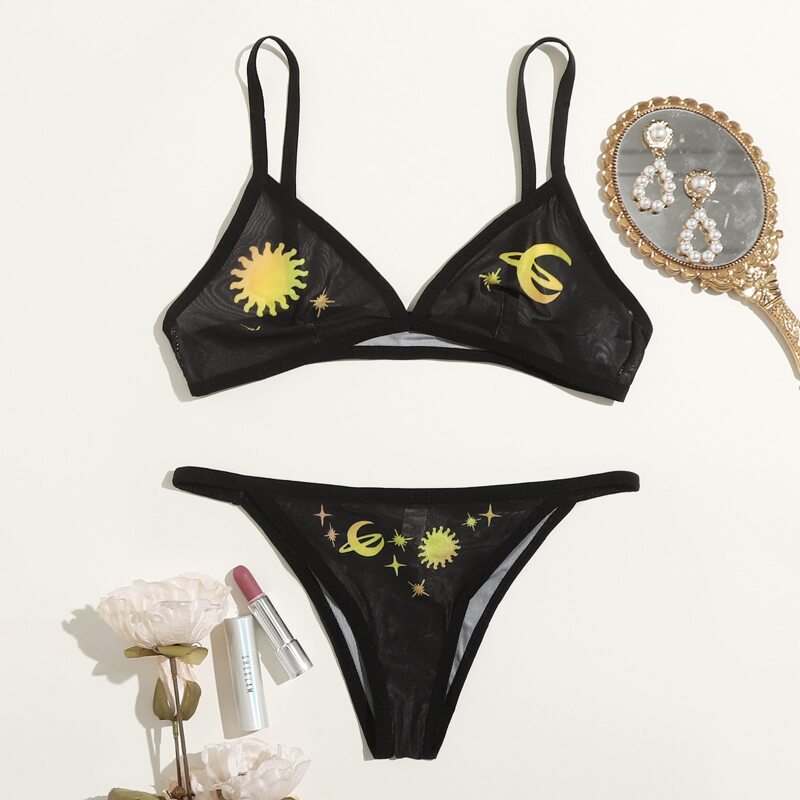 

Sun & Moon Graphic Mesh Lingerie Set, Black