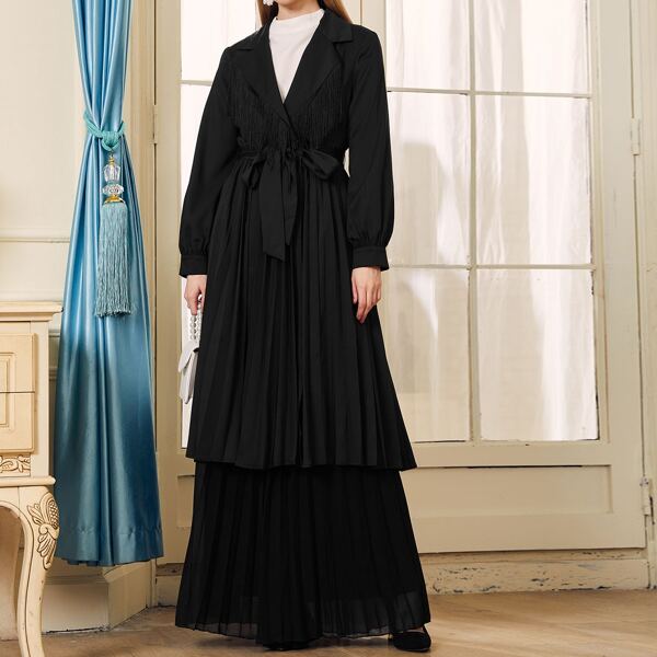 

Notched Collar Self Belted Pleated Blazer, Black