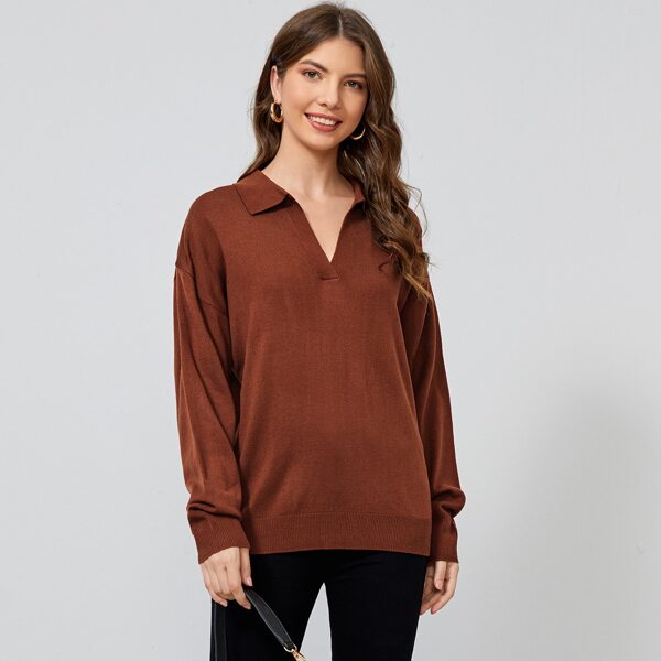 

Collared Solid Sweater, Rust brown
