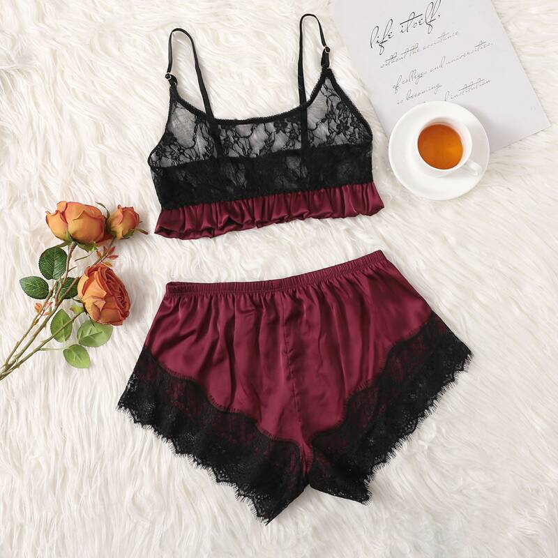 

Lace Eyelash Trim Lingerie Set, Burgundy