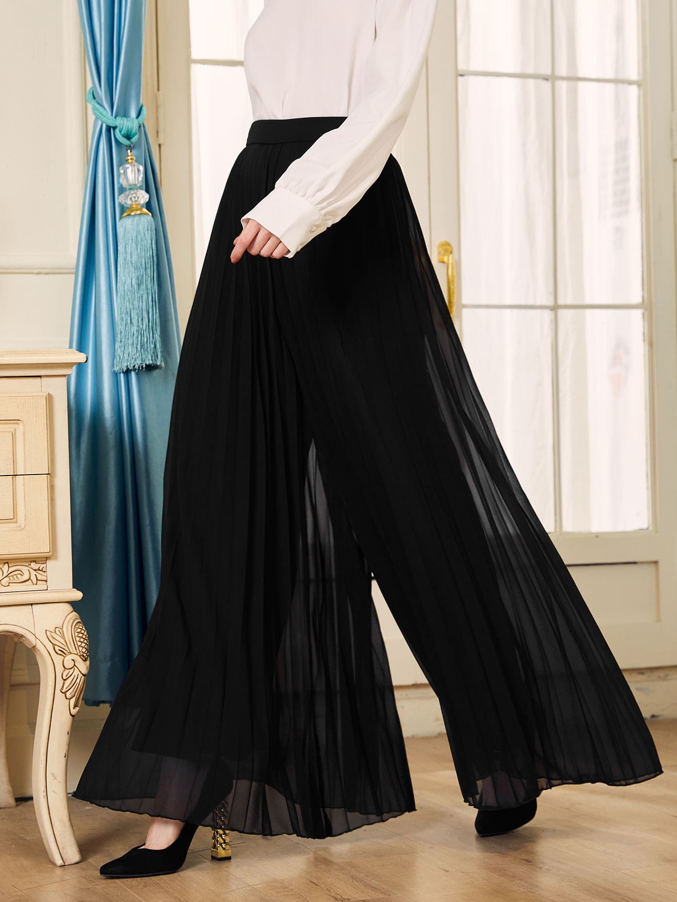 Modelyn Wide Leg Pleated Trousers - Black - View 1