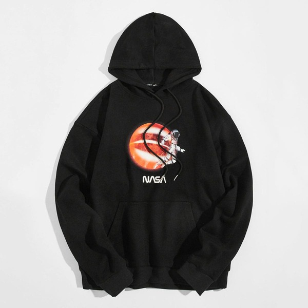 

Men Letter and Astronaut Print Pouch Pocket Hoodie, Black