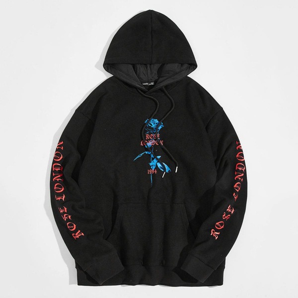 

Men Letter and Floral Print Pouch Pocket Hoodie, Black