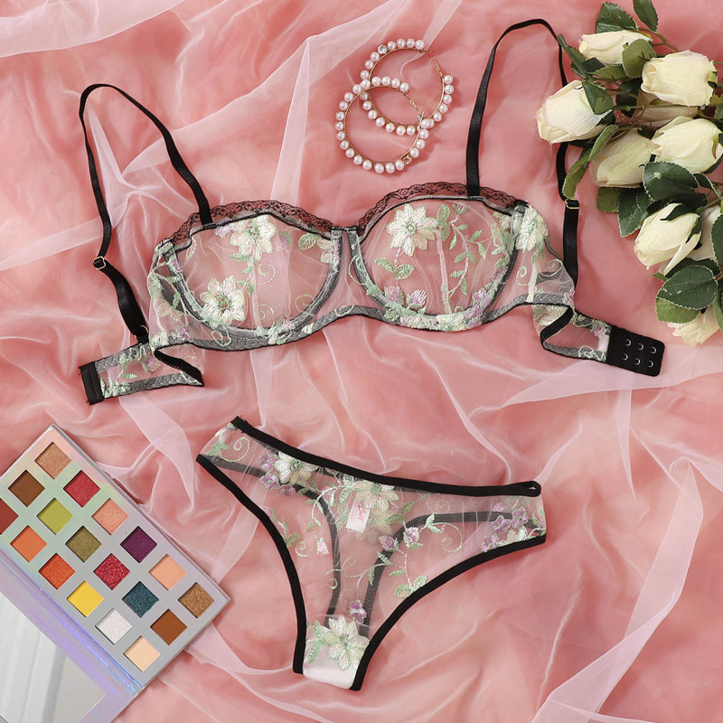

Lace Floral Embroidery Lingerie Set, Multicolor
