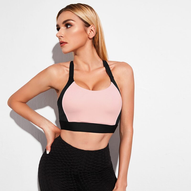 

High Support Colorblock Criss Cross Cut Out Back Sports Bra, Multicolor