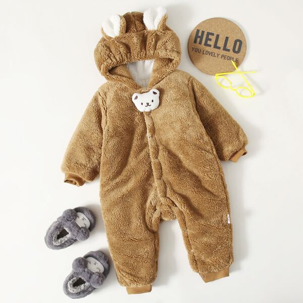 

Baby Unisex 3D Ear And Bear Patched Hooded Teddy Jumpsuit, Brown