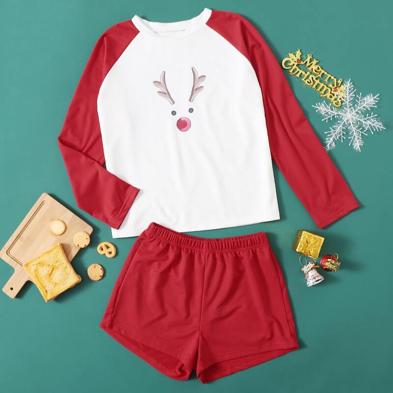 

Christmas Deer Print PJ Set, Red and white