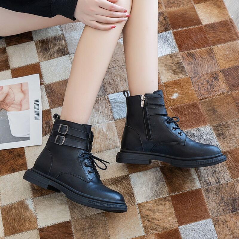 

Buckle Decor Lace-up Front Combat Boots, Black