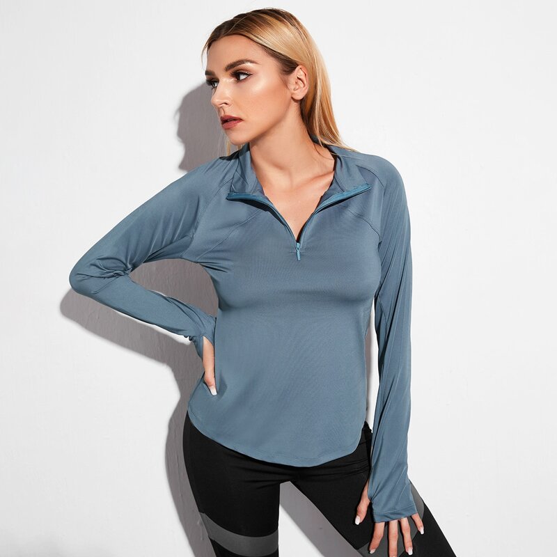 

Zip Front Thumb Hole Solid Sports Sweatshirt, Dusty blue