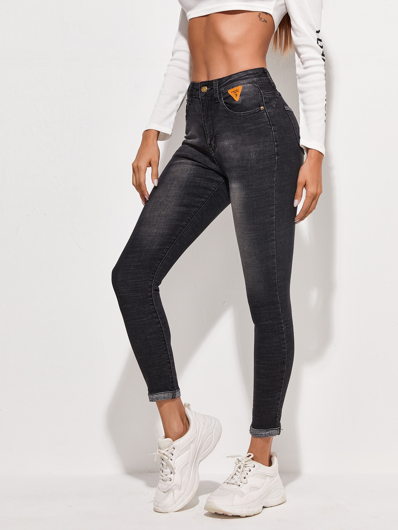 High Waist Slant Pocket Patched Skinny Jeans thumbnail