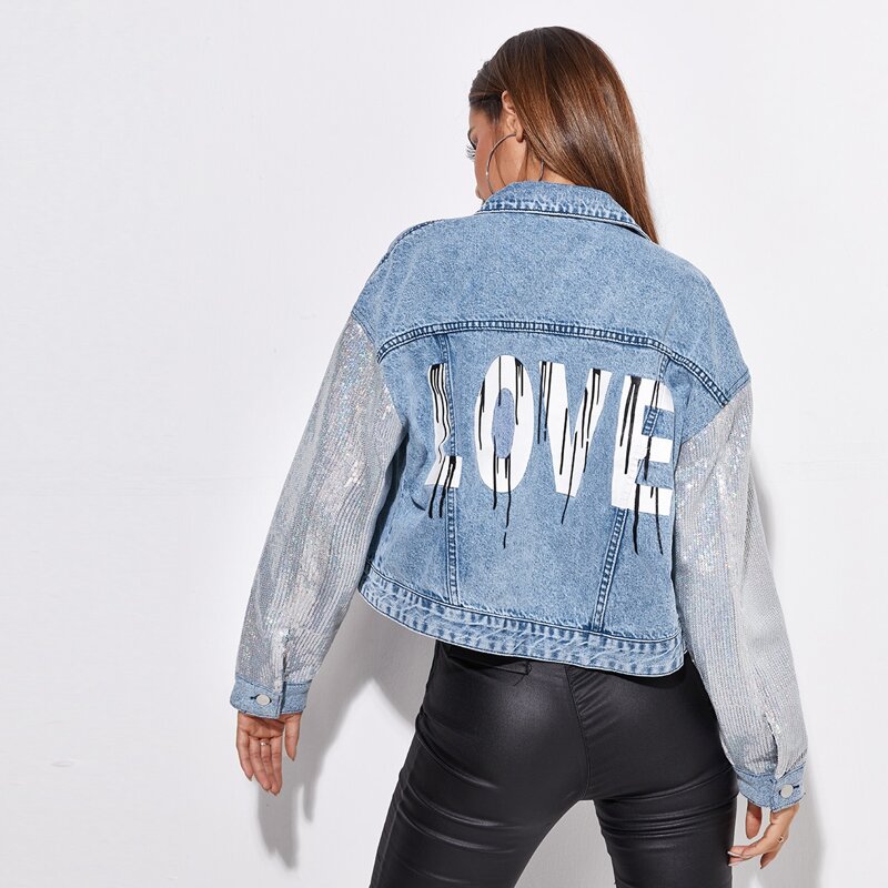 

Sequin Sleeve Letter Graphic Denim Jacket, Light wash
