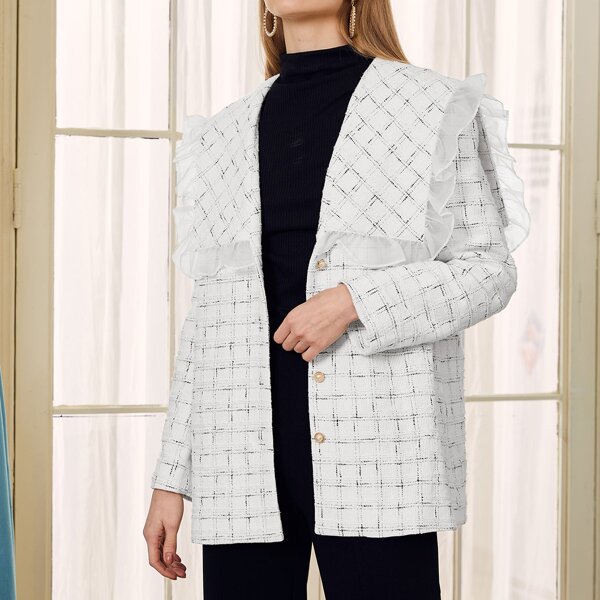 

Waterfall Collar Frill Trim Plaid Tweed Coat, Beige