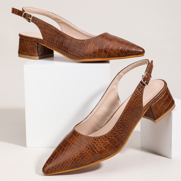 

Croc Embossed Mid Heeled Slingback Pumps, Brown