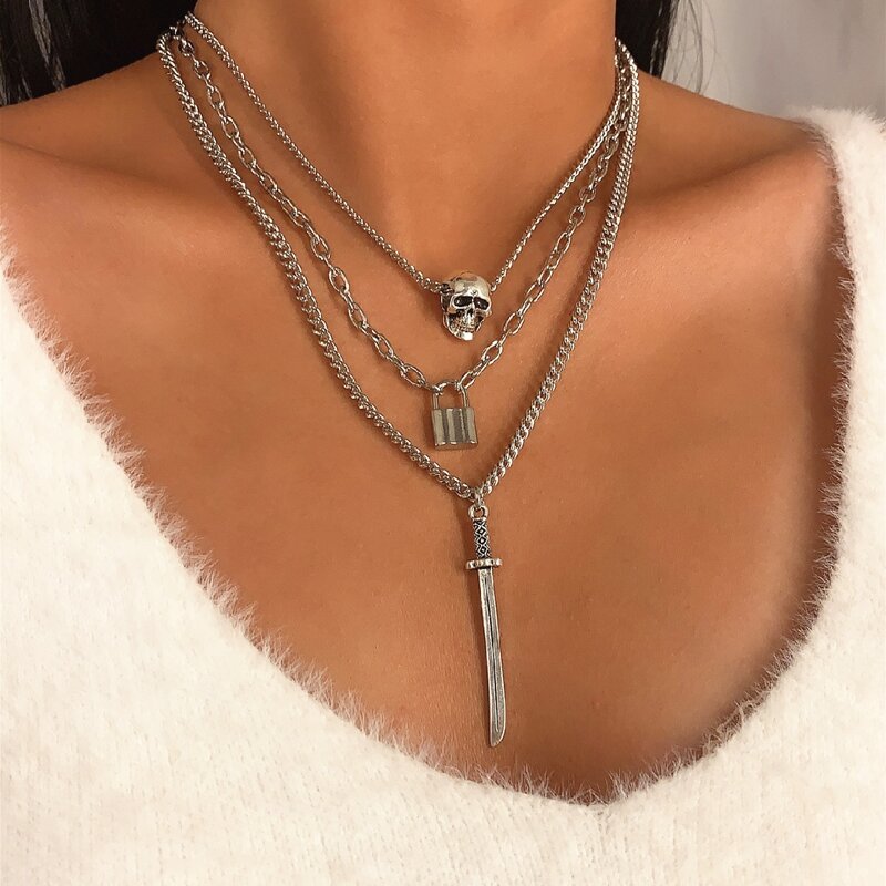 

Skull & Lock Design Layered Necklace, Silver