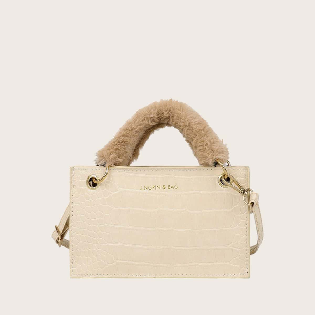 

Croc Embossed Fluffy Handle Satchel Bag, Beige