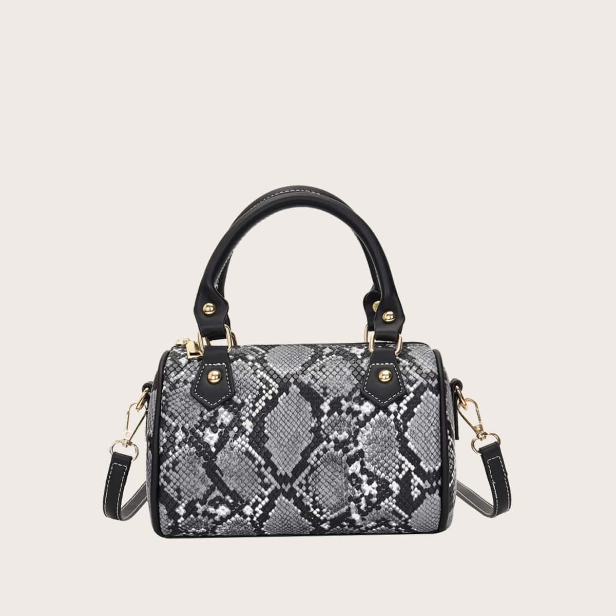 

Snakeskin Print Barrel Bag, Black