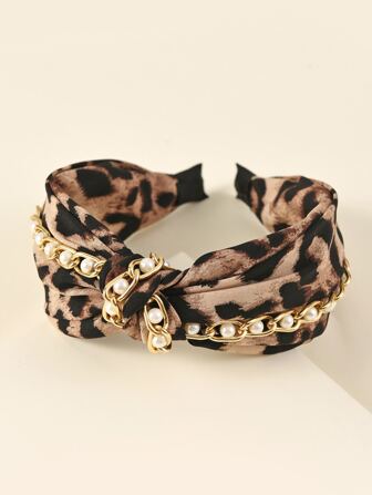 1pc Wide Knotted Leopard Print Pattern Faux Pearl Chain Headband Vintage Fabric Cross Knot Headband For Women, All-Match Hair Band Elegant,School,Hairband,Hair Hoop Headbands Hair Accessories