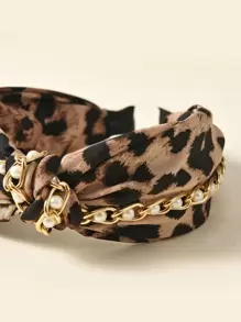 1件宽版豹纹图案仿珍珠链条发箍，复古布料交叉结发箍，女士百搭发带，优雅时尚，适合学校、校园等场合，可作发箍、发圈、头饰等。 - 彩色 - 查看 3