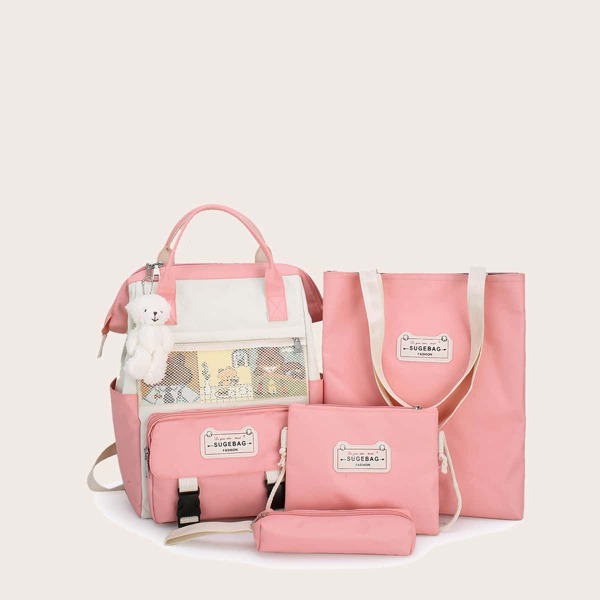 

4pcs Letter Patch Backpack Set, Pink