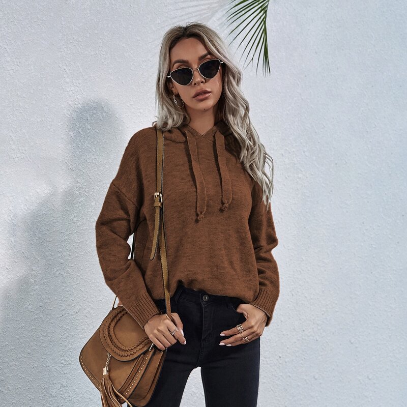 

Drop Shoulder Drawstring Hooded Sweater, Coffee brown