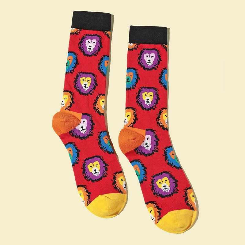 

Guys Cartoon Lion Head Print Socks, Multicolor