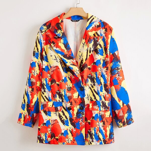 

Plus Flap Detail Double Breasted Brush Print Blazer, Multicolor