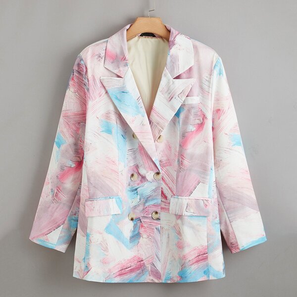 

Plus Flap Detail Double Breasted Brush Print Blazer, Multicolor