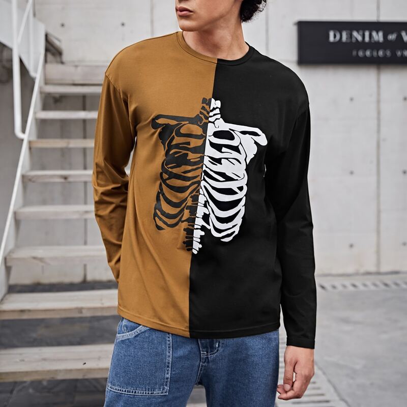 

Men Drop Shoulder Skeleton Print Colorblock Tee, Multicolor