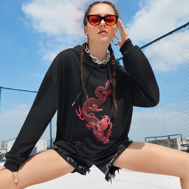 

Chinese Dragon Drawstring Hoodie, Black