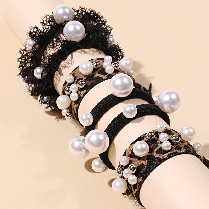 

6pcs Faux Pearl Leopard Hair Tie, Multicolor