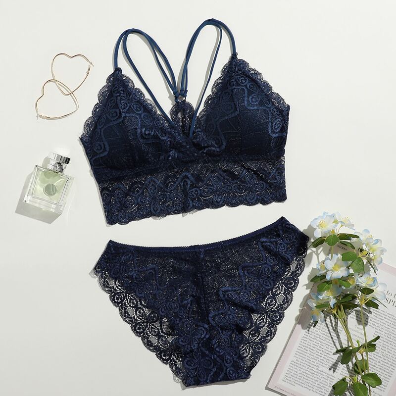 

Lace Scallop Lingerie Set, Navy blue